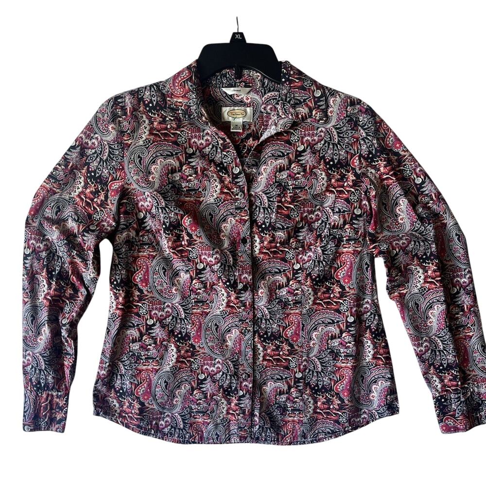 Talbots Paisley Stretch Button Down Shirt Red Black Long Sleeve Y2K M